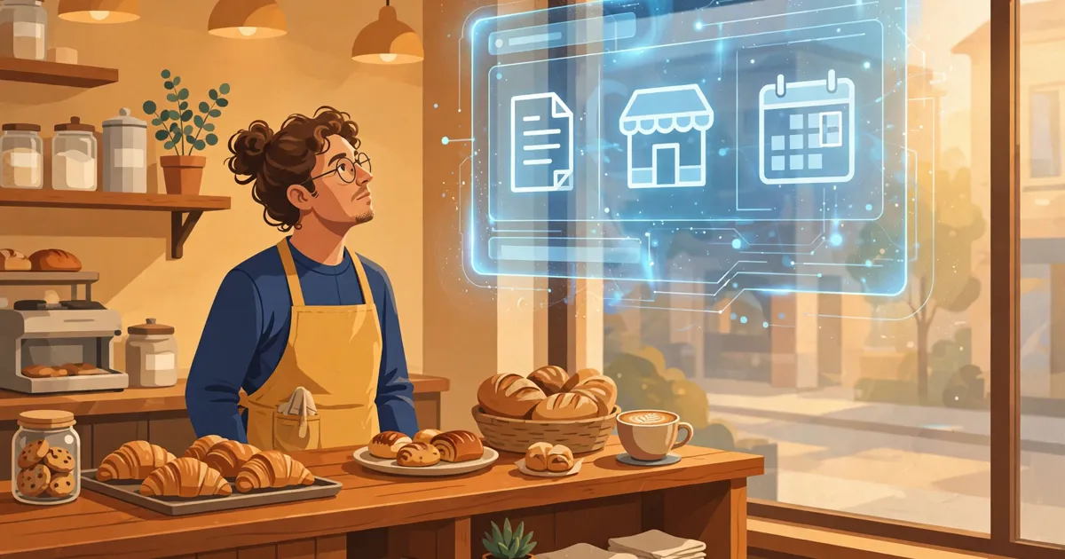 A small café owner checking a glowing AI assistant interface floating over the counter