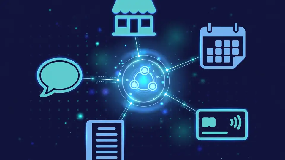 A glowing AI assistant node connected by lines to icons for a storefront, an accounting ledger, a calendar, and payments