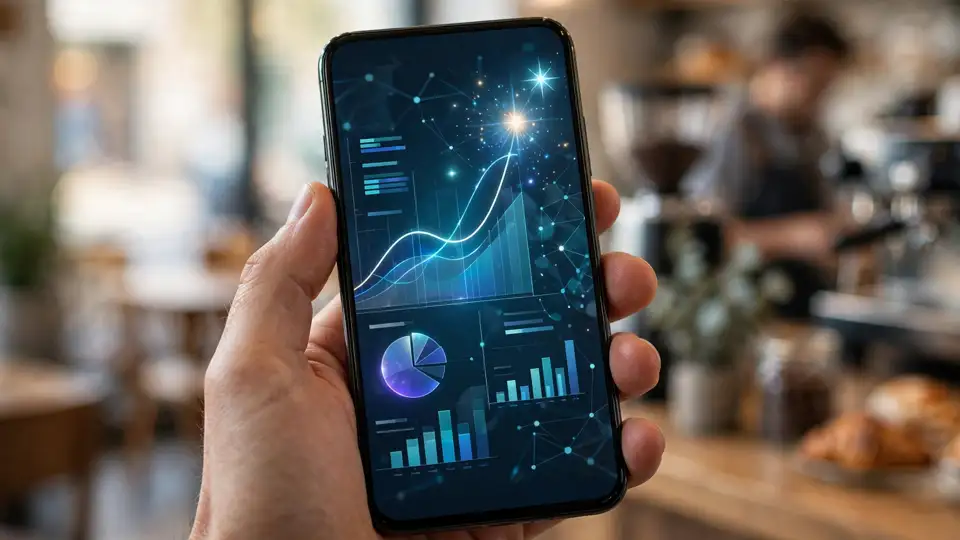 A hand holding a phone with a business analytics dashboard and a glowing AI spark, in a small coffee shop