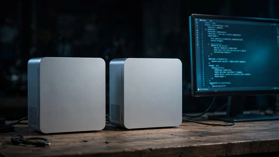 Two compact desktop computers beside a monitor, the dual-machine setup Meta describes for running Muse Spark Open