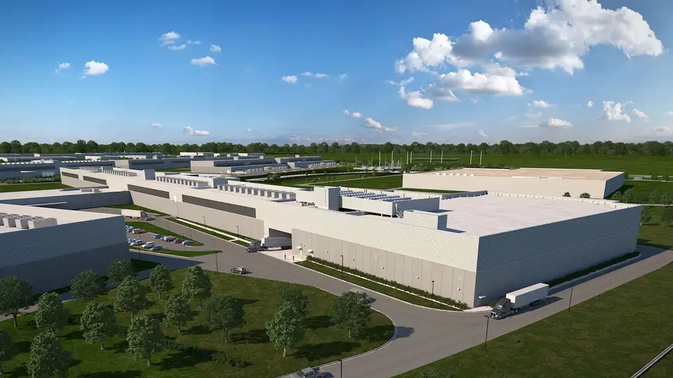 Aerial view of a Meta data center campus