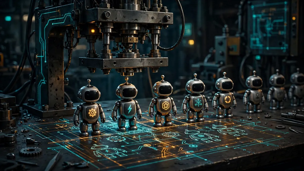 Illustration of a factory press stamping out small robot assistants, each with a different brand mark