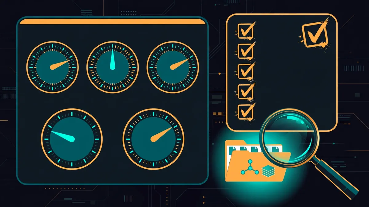 Diagram of a scorecard with five gauges and a checklist beside a magnifying glass over a code repository