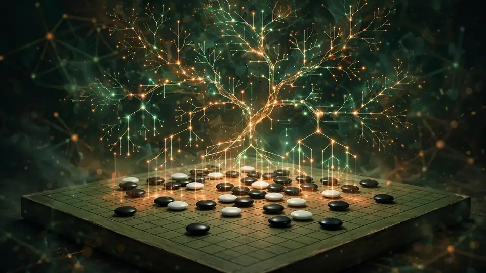 Editorial illustration of a Go board overlaid with a glowing game-tree search visualization