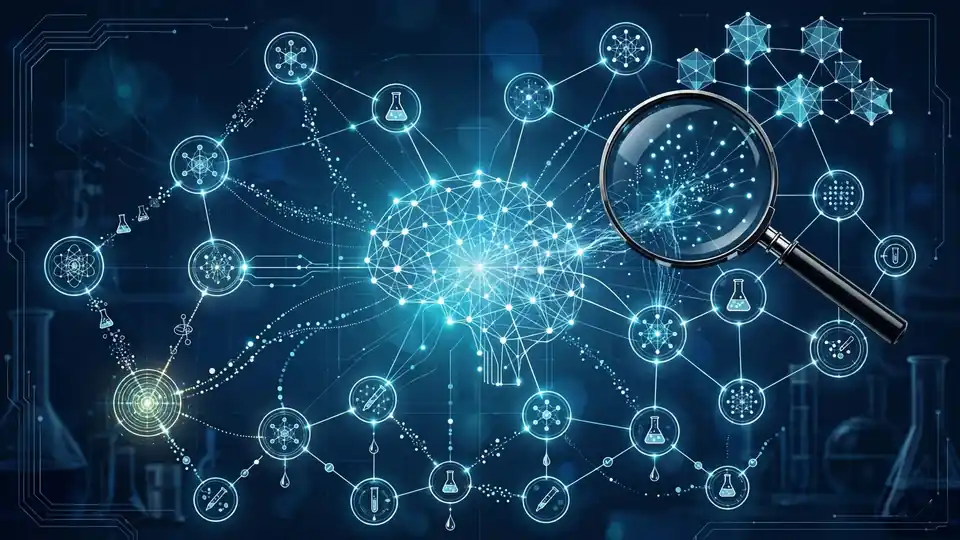 Editorial illustration of an auditable AI reasoning system: a knowledge graph with explicit evidence trails under a magnifier