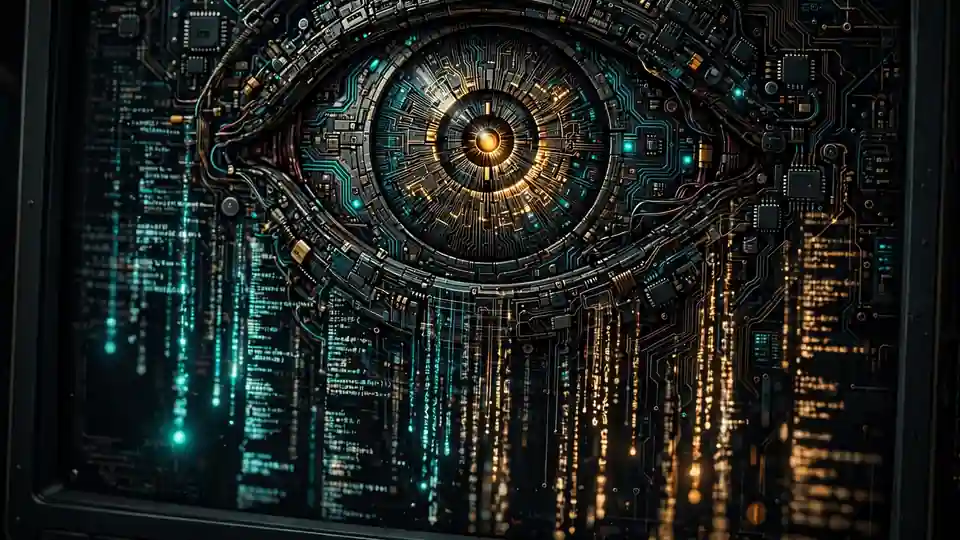 A robotic eye of circuitry watching streams of code — OpenAI’s internal monitor reviews agent work for signs of scheming or sabotage