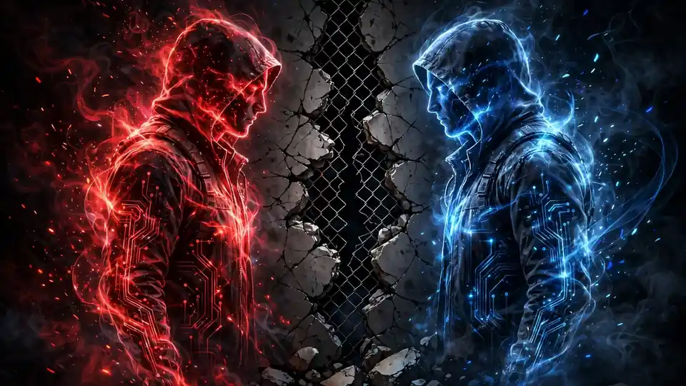 Red team versus blue team: two glowing figures face off across a broken wall