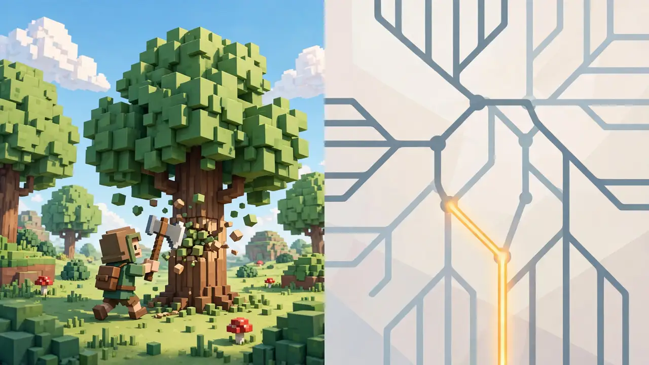 A blocky voxel-game character chopping a cubic tree beside an abstract panel of branching decision paths