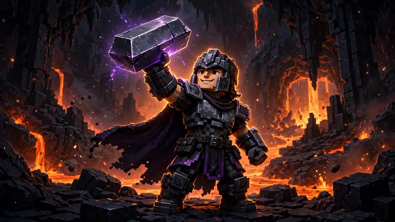 A blocky voxel-game character in dark armour holding up a glowing dark ingot in a lava-lit cavern