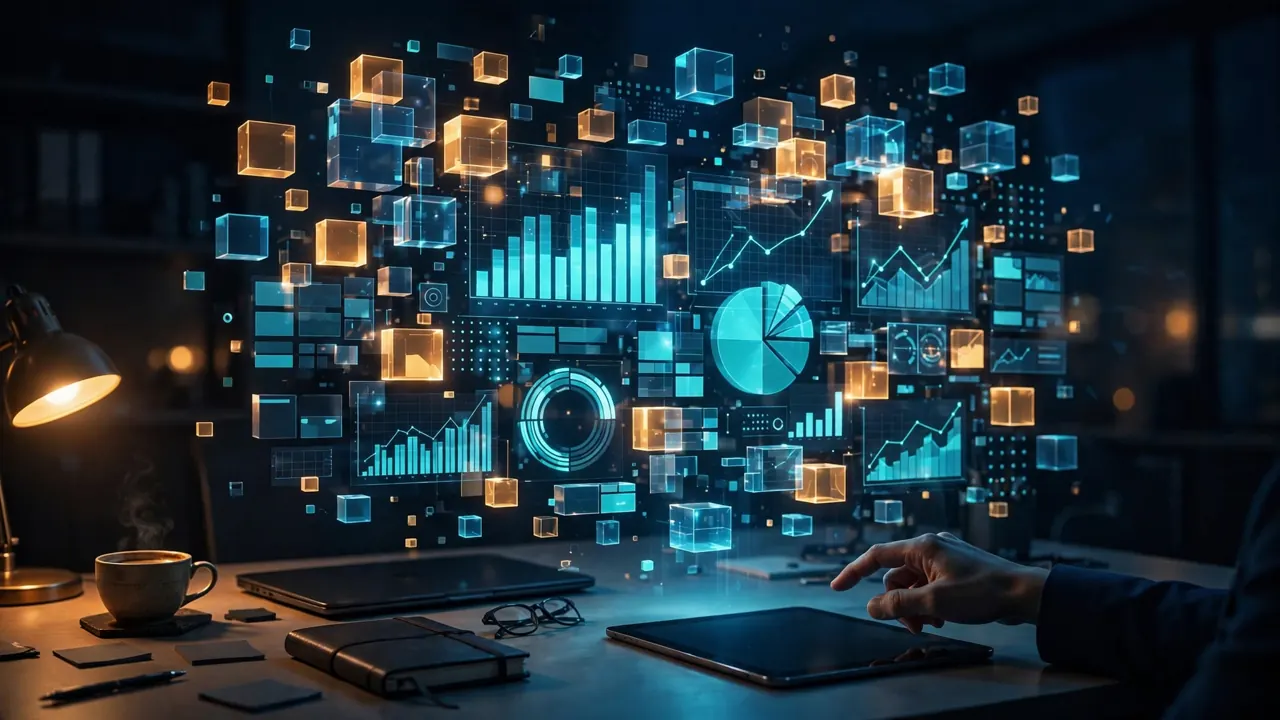 A business user's desk where a glowing holographic dashboard of charts assembles itself from floating blocks of code, editorial illustration