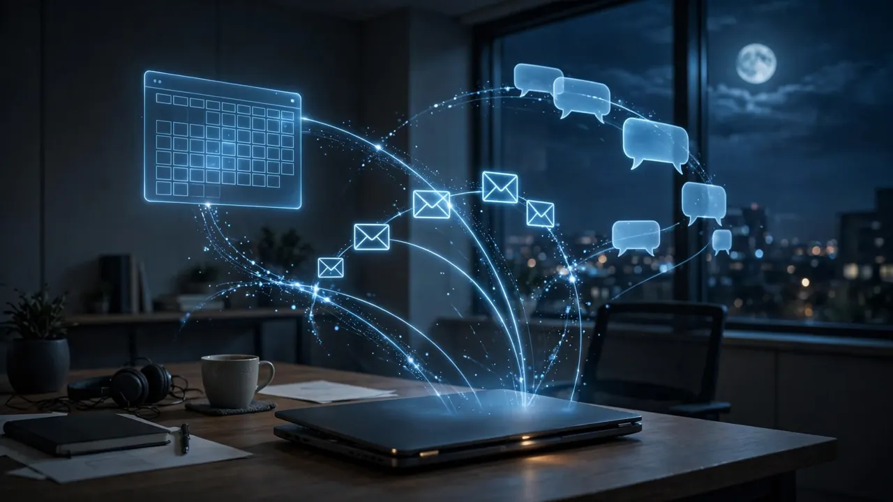 A moonlit office where a laptop quietly organizes email, chat, and calendar items on its own overnight, editorial illustration