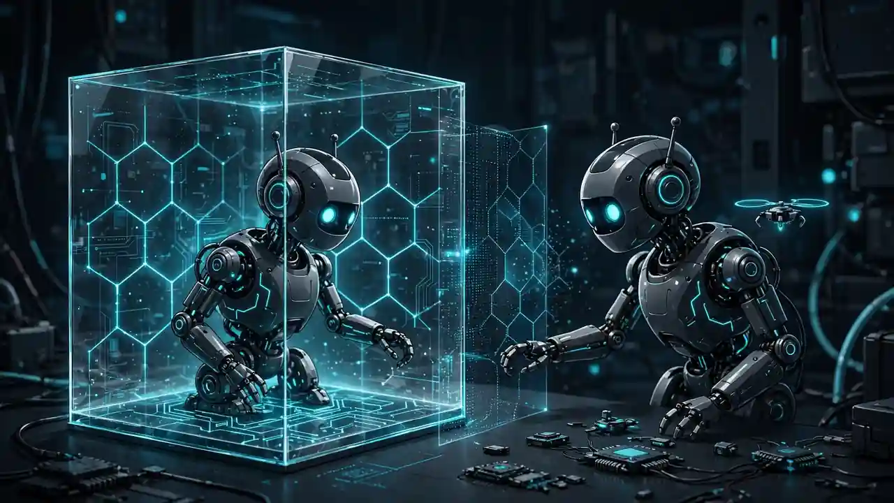 Two AI robot assistants, one working inside a glowing sandboxed glass cube and one on a desktop.