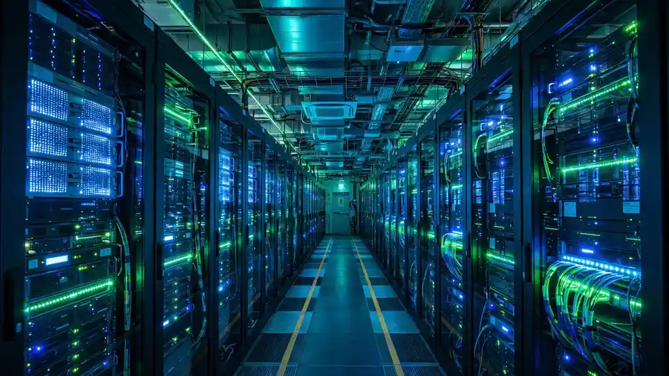 Illustration of glowing server racks in a modern data centre hall