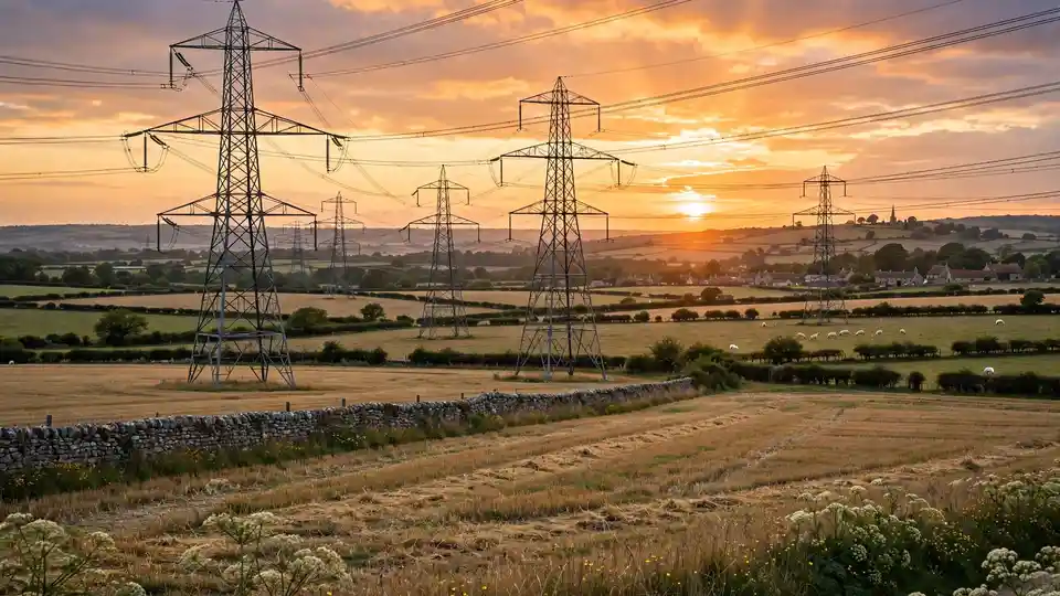 Illustration of electricity transmission pylons crossing a rural field at sunset