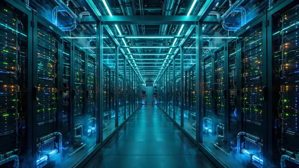 A corridor of AI datacenter server racks with teal lighting