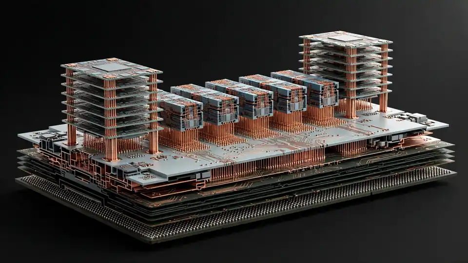 A technical cutaway render of a multi-chiplet AI processor with stacked memory