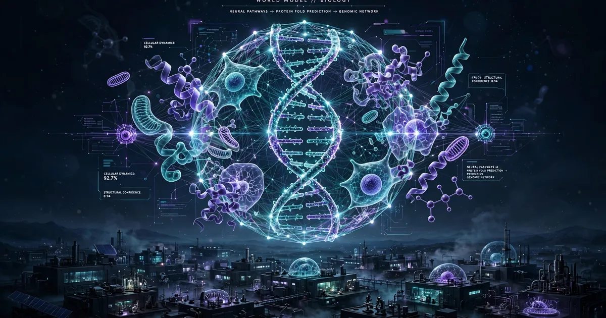 A glowing AI world model of biology — neural threads interwoven with a DNA helix, protein folds, and cell structures over a dark laboratory landscape