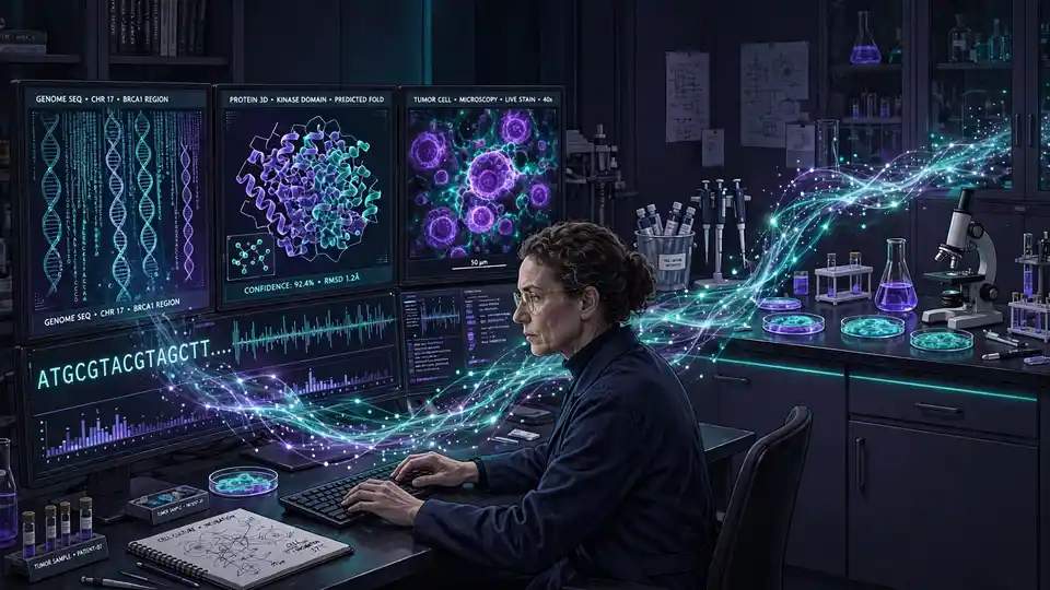 A researcher whose glowing screens show genomic, protein, and cell-microscopy visualizations, linked back to a physical wet-lab bench