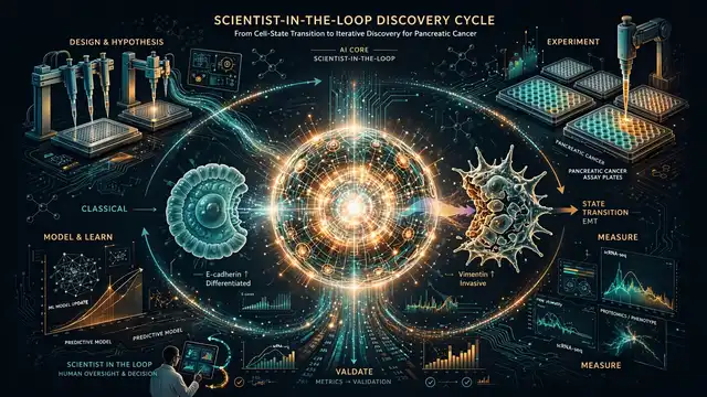 An AI core projecting a cancer cell shifting between states, ringed by robotic pipettes, assay plates, and data streams feeding measurements back