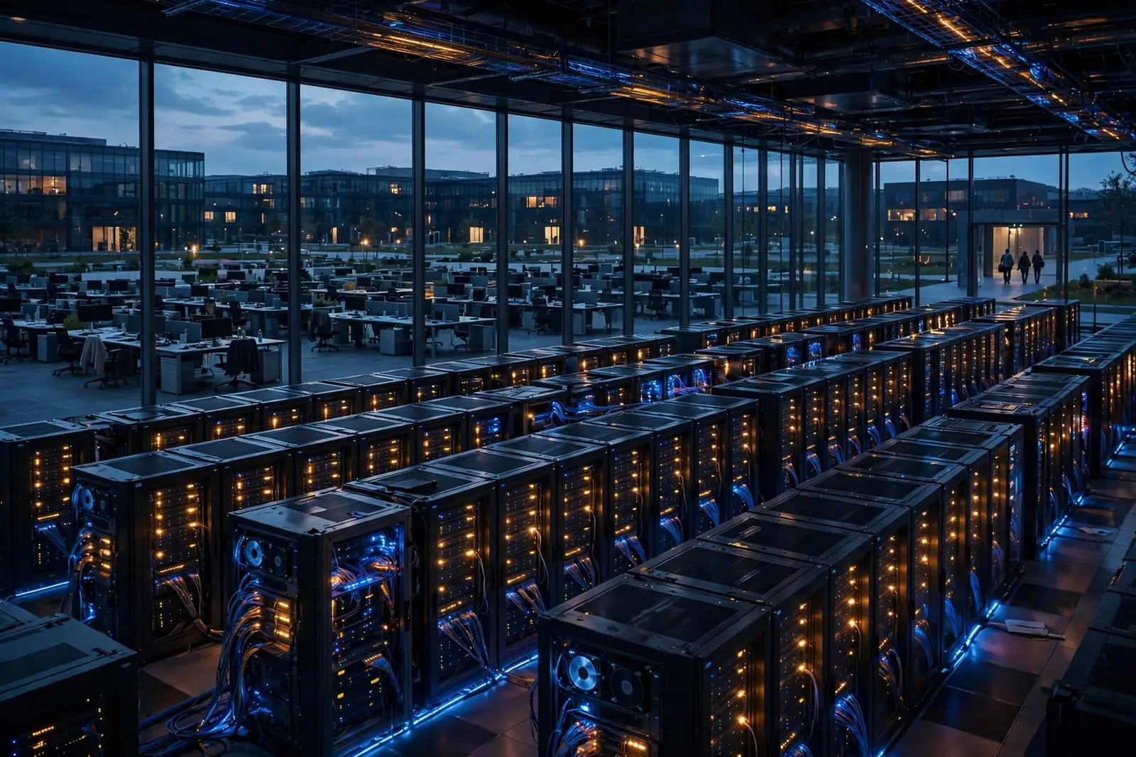 A glass office campus at dusk with rows of glowing server racks in the foreground