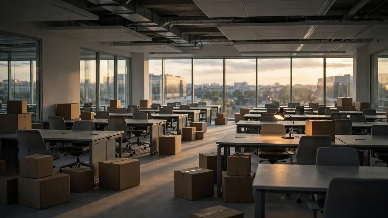 An empty open-plan office with vacant desks and cardboard moving boxes