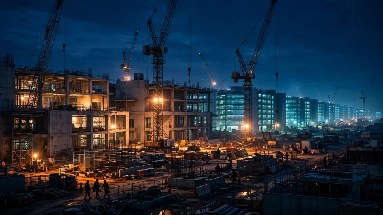 A large data centre under construction at night, with cranes and glowing server halls