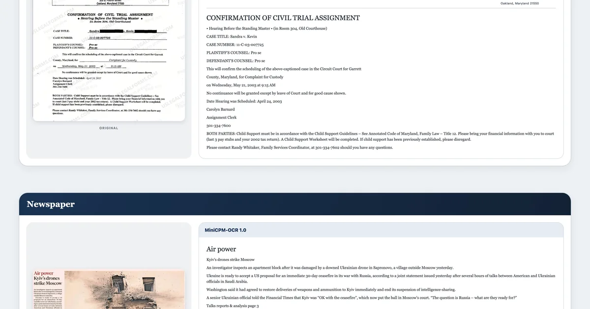 OpenBMB example outputs: a scanned court document beside its parsed Markdown, and a newspaper page beside its parsed text