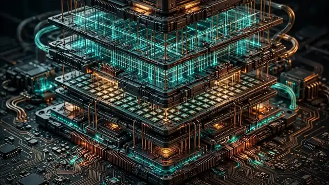 Glowing stack of AI accelerator chips on a dark circuit board