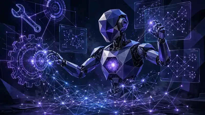 Abstract AI agent orchestrating holographic tools in a dark workspace