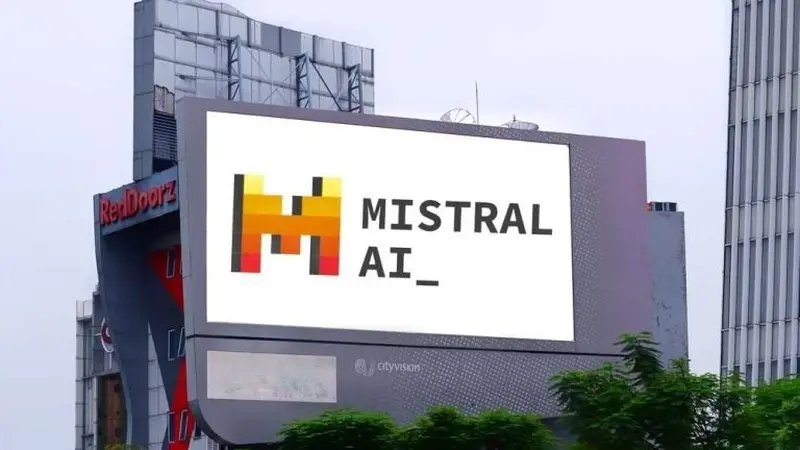 A glowing abstract AI visualization suggesting a trillion-parameter model trained on Mistral's own infrastructure.