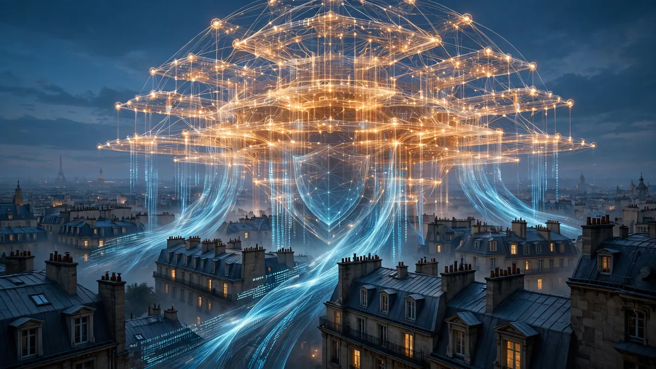 A glowing neural network structure rising above Parisian rooftops at dusk, with a translucent shield at its centre