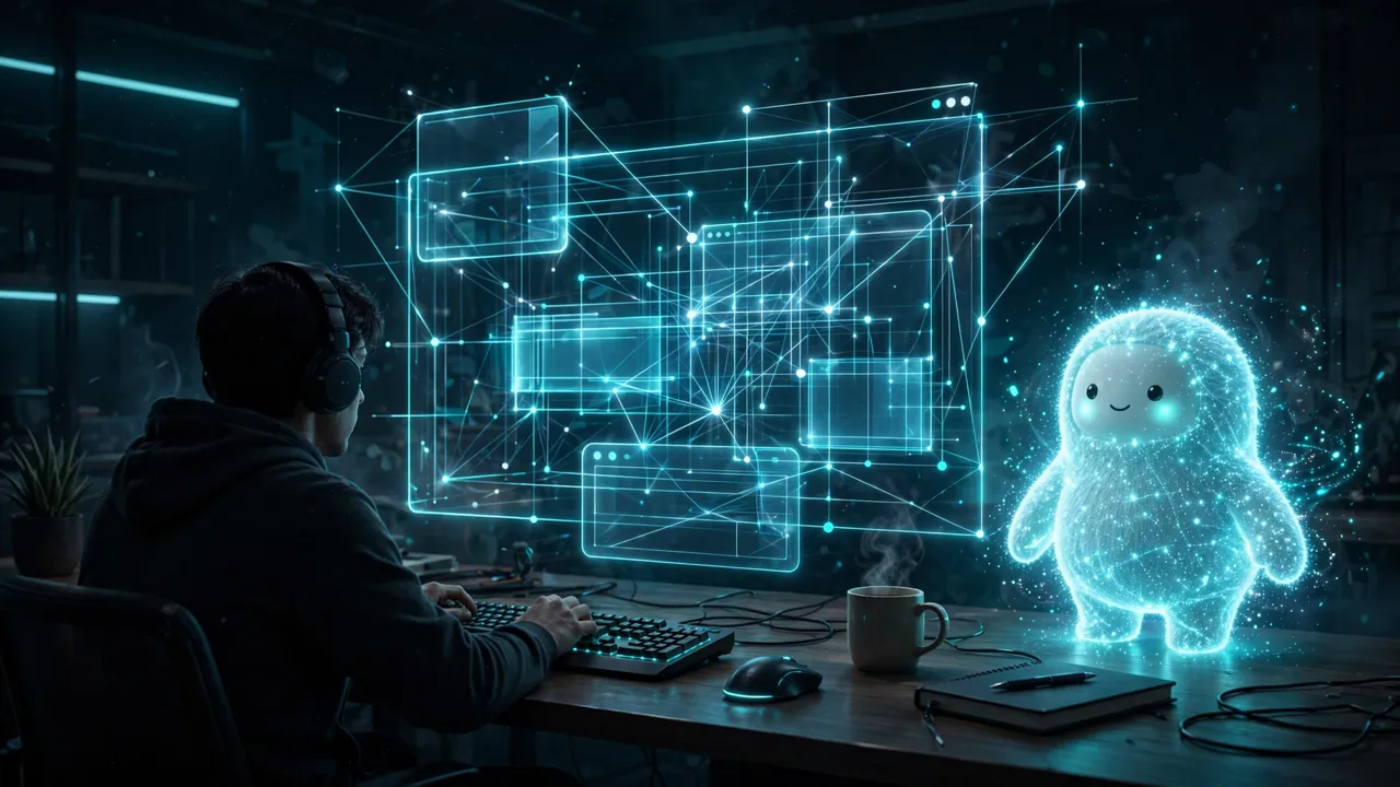 A developer at a workstation with a glowing AI coding assistant assembling application windows
