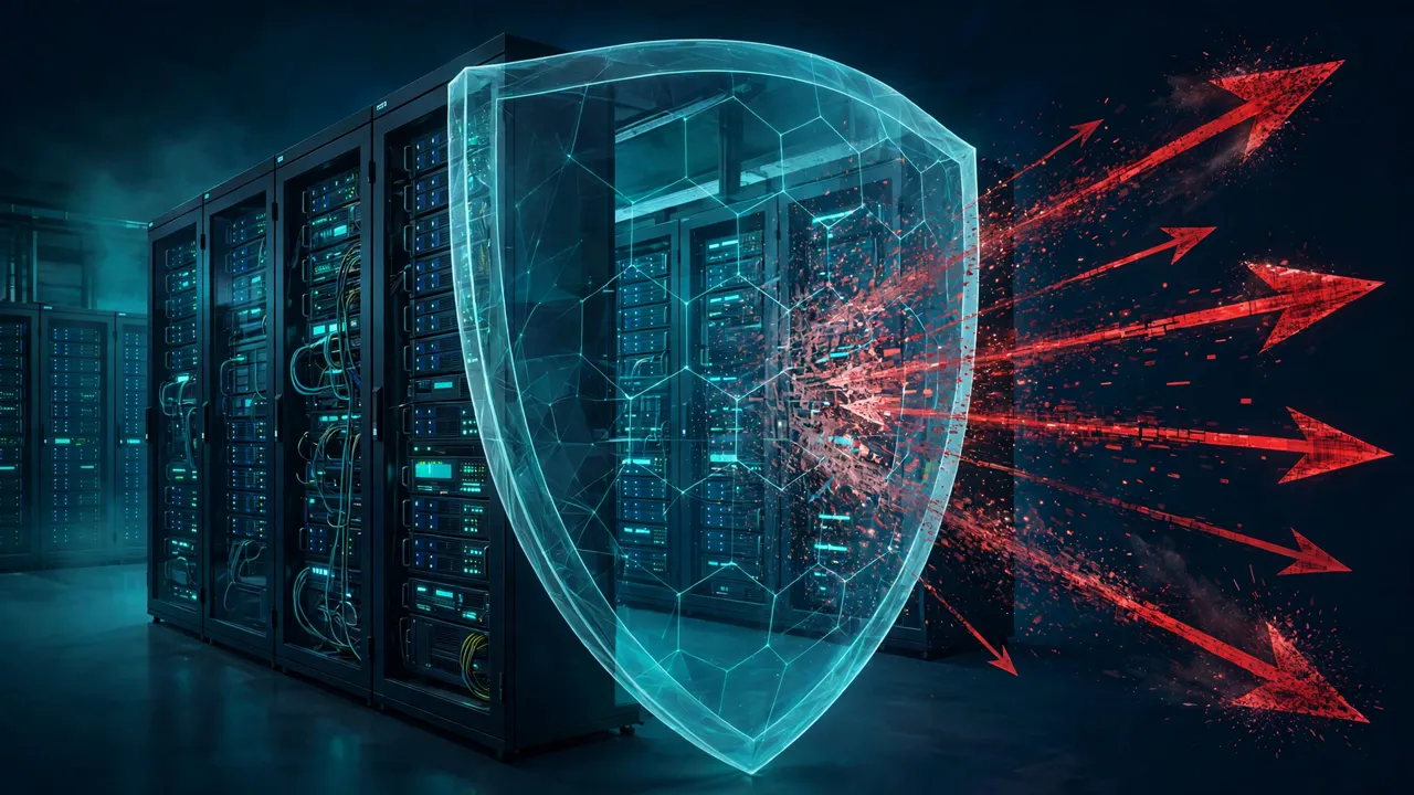 A translucent digital shield protecting server racks from dissolving red attack arrows