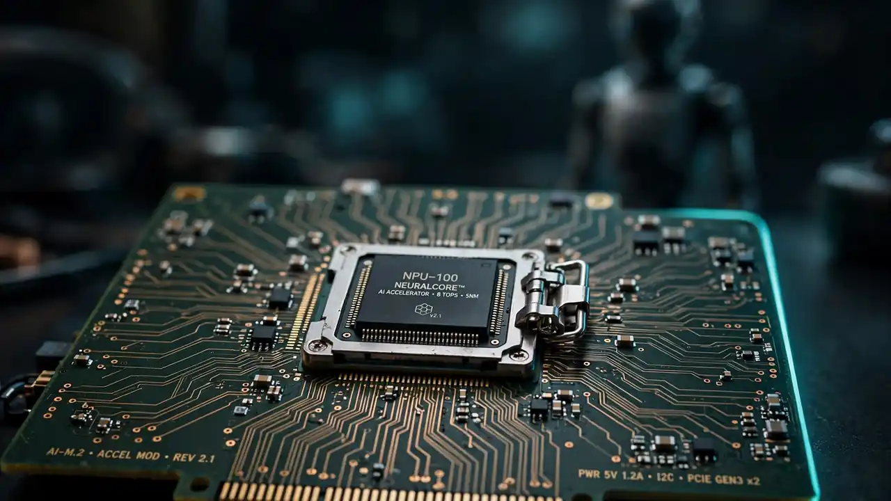 A compact neural processing unit module on a circuit board, with a humanoid robot silhouette behind it