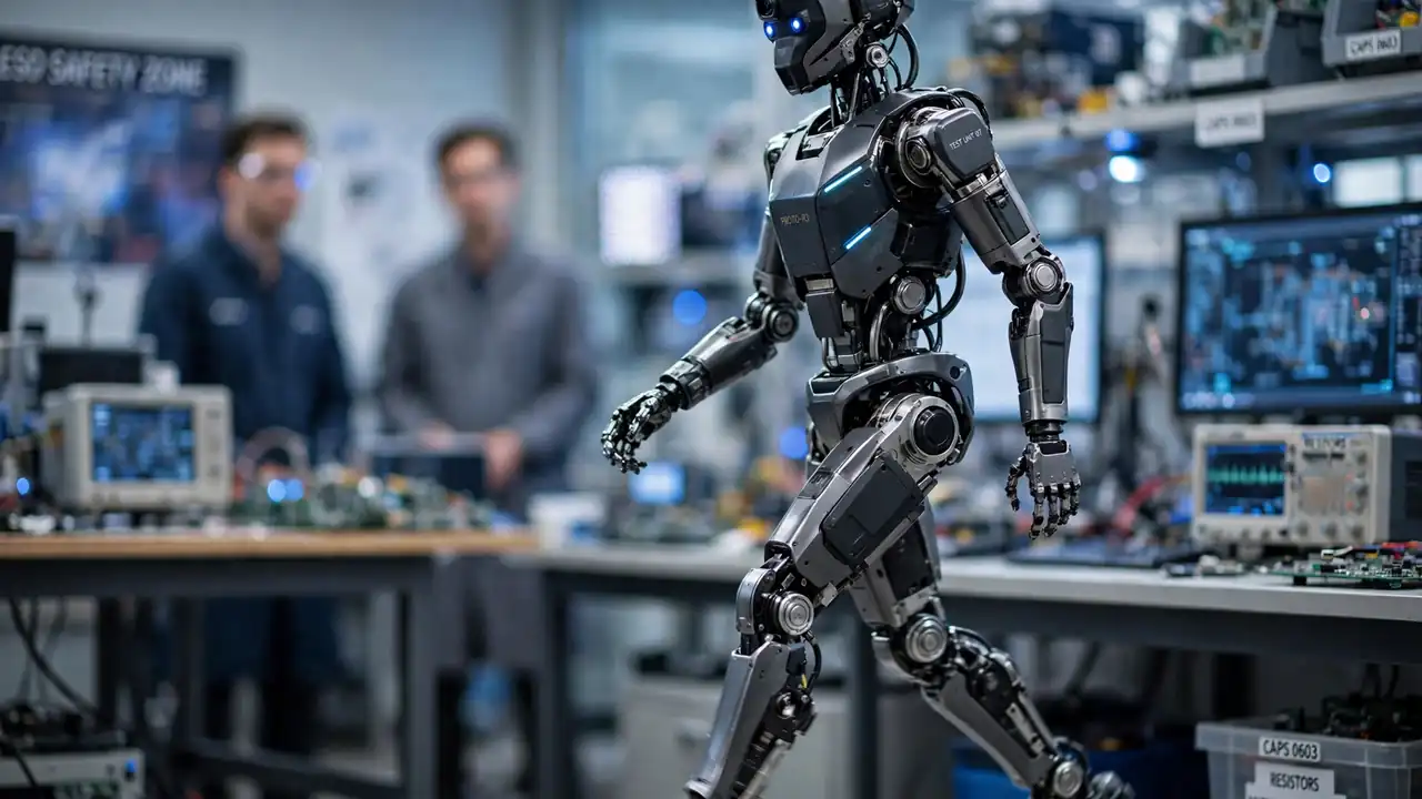 A humanoid robot walking through an electronics laboratory