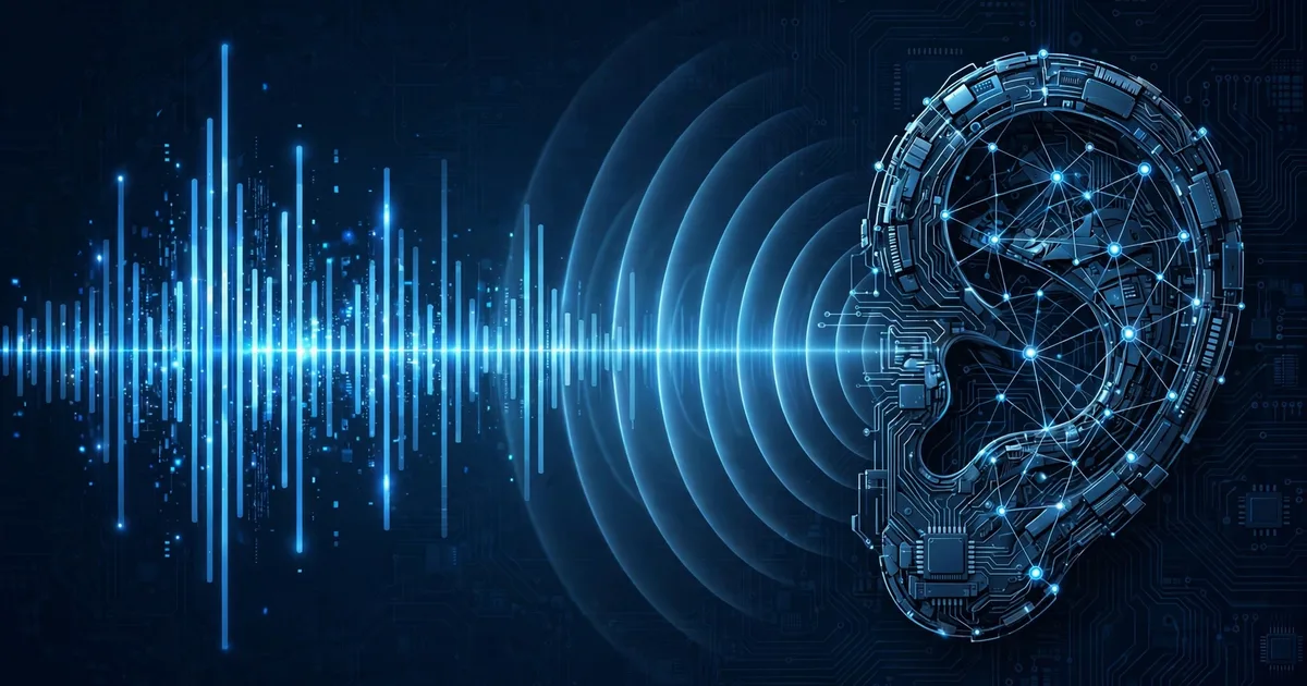 AI-generated illustration of a mechanical neural-network ear listening to a glowing blue audio waveform