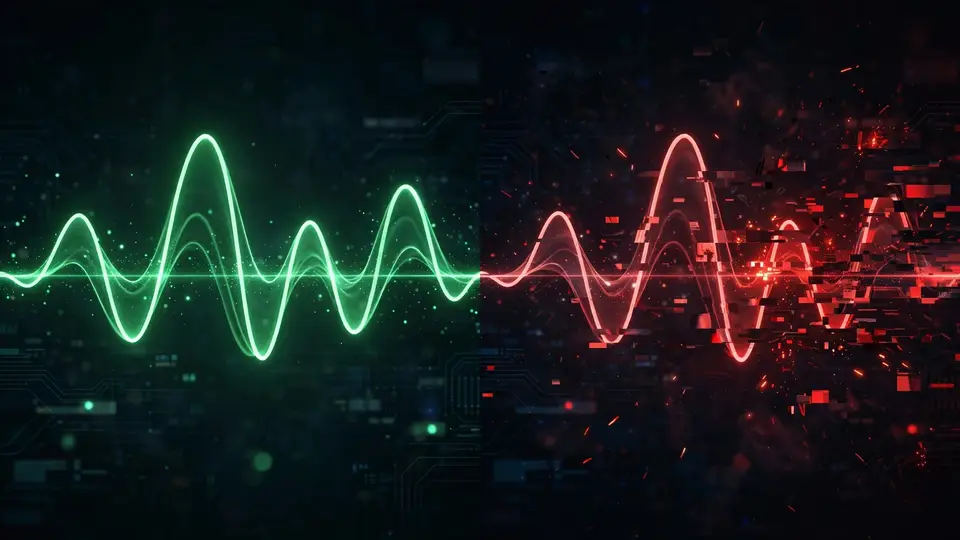 Conceptual illustration of deepfake voice detection: a clean authentic waveform beside a glitching synthetic one