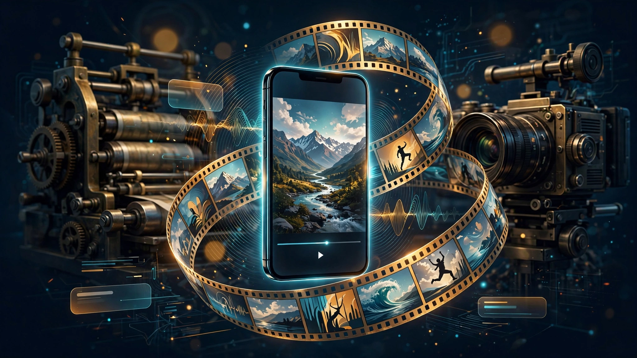 Editorial illustration: a glowing vertical smartphone playing a video, a spiral of film-strip frames flowing out of it, a vintage printing press merged with a video camera, sound waves and subtitle captions on a deep navy background