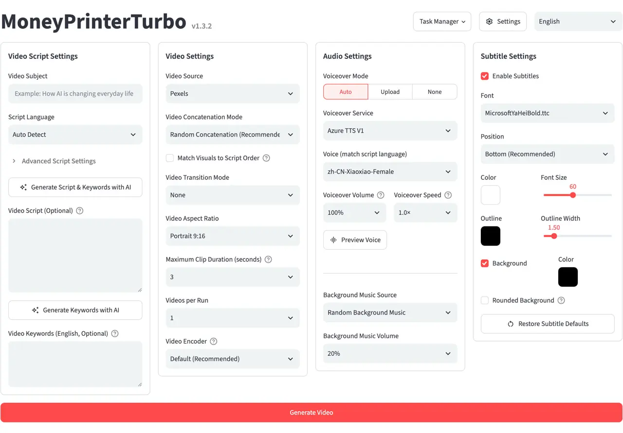 Screenshot of the MoneyPrinterTurbo web interface showing the video generation form with script, voice, and footage options