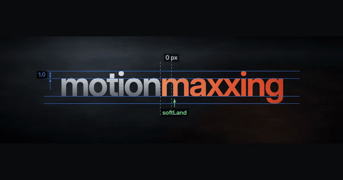 The motionmaxxing hero frame: the word motionmaxxing with measurement overlays &mdash; blue guide lines, a 0 px marker, and a softLand ease annotation on a dark glitchy ground