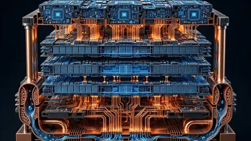 Illustration of stacked modular chip blocks with glowing copper interconnects and heat pipes