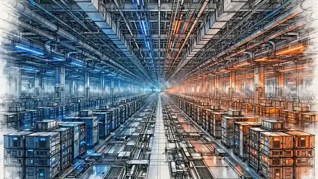 Illustration of a data center hall with rows of compact modular server blocks