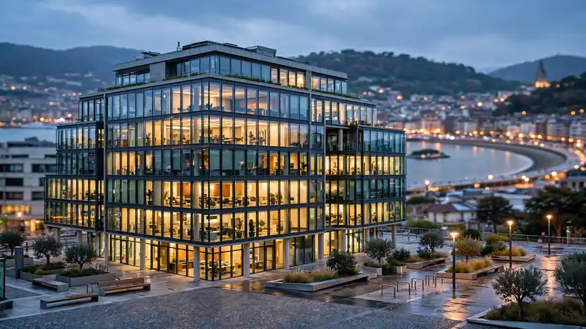 A modern glass office building at dusk in San Sebastián, Spain