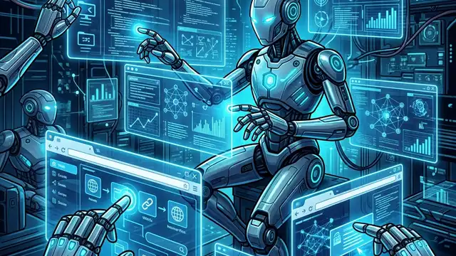 Illustration of a humanoid robot orchestrating many floating dashboard screens at once.