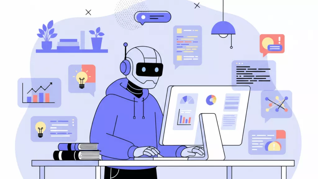 Illustration of a multi-armed robot assistant juggling laptops, phones and documents.