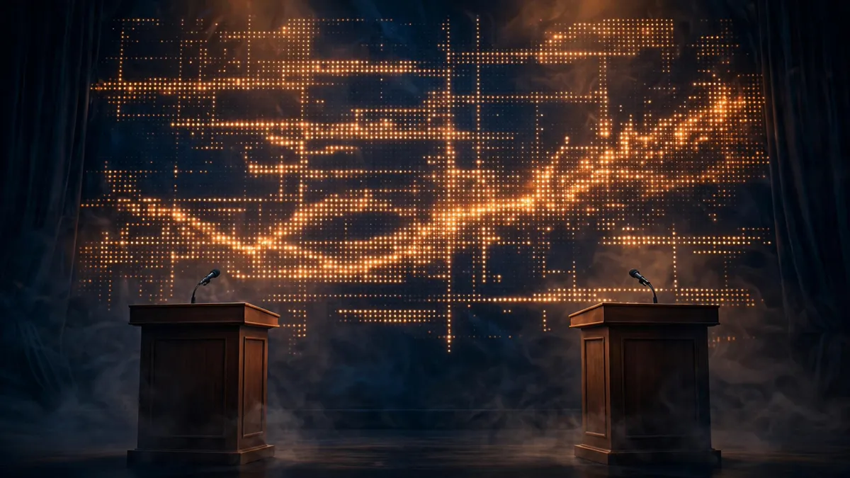Two empty executive podiums with microphones before a glowing wall of market ticker lights