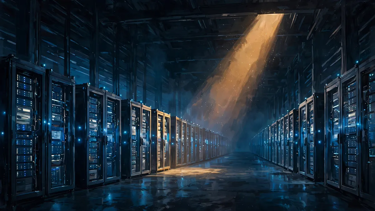 A vast data-center hall with rows of glowing server racks under a single warm beam of light
