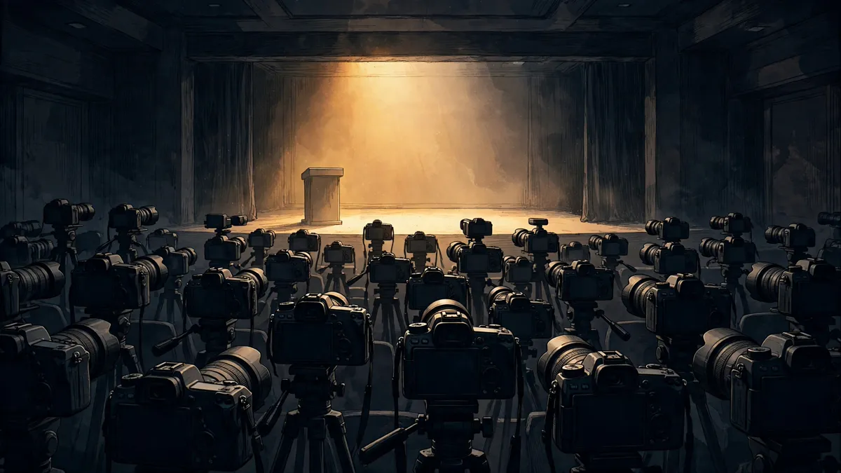 Rows of cameras pointed at an empty, brightly lit press-conference stage