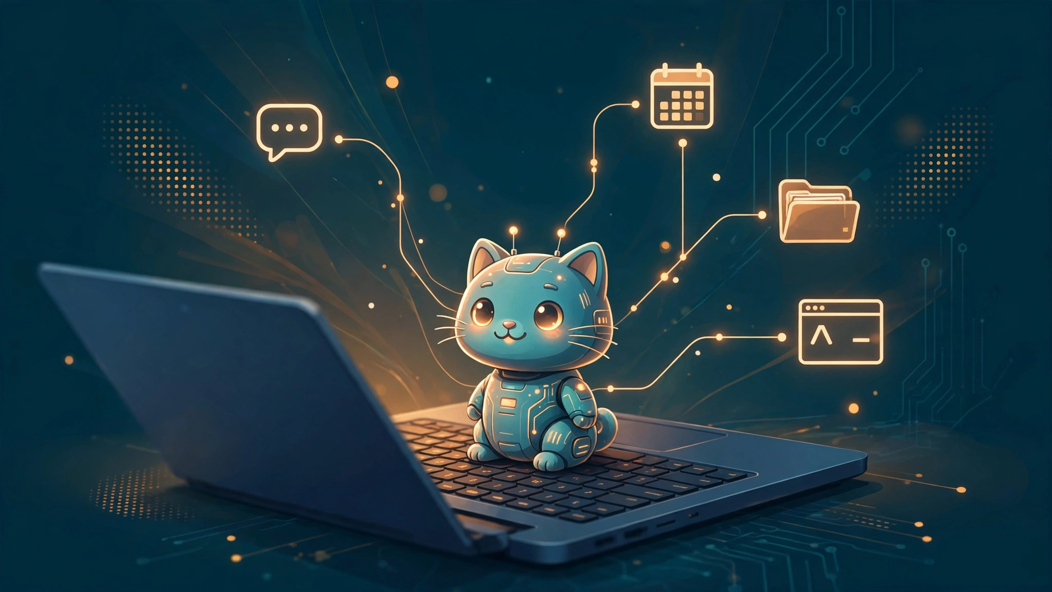 A small robot cat assistant sitting on a laptop, connected to chat, calendar, file, and terminal icons