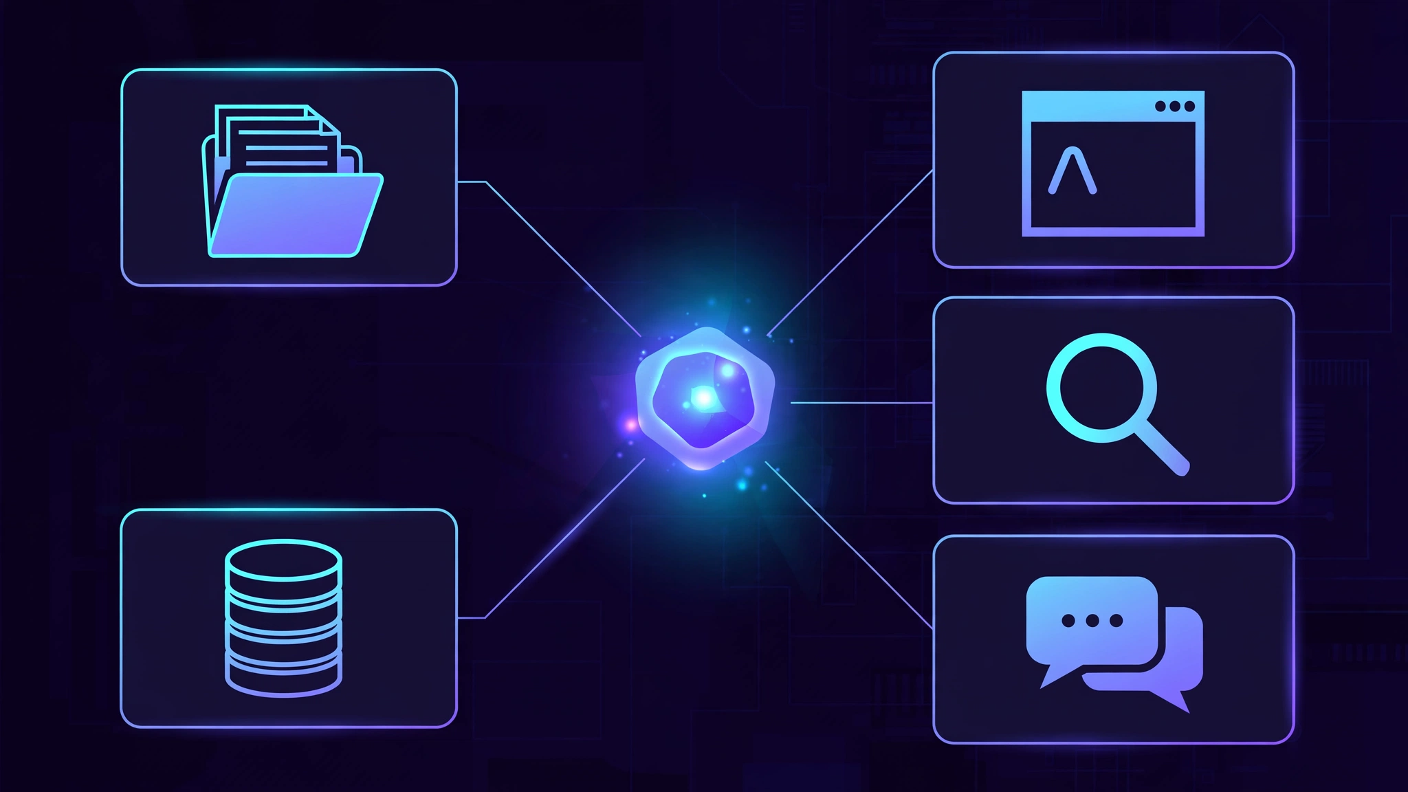 Diagram of a small glowing agent core connected to file, terminal, search, chat, and database panels